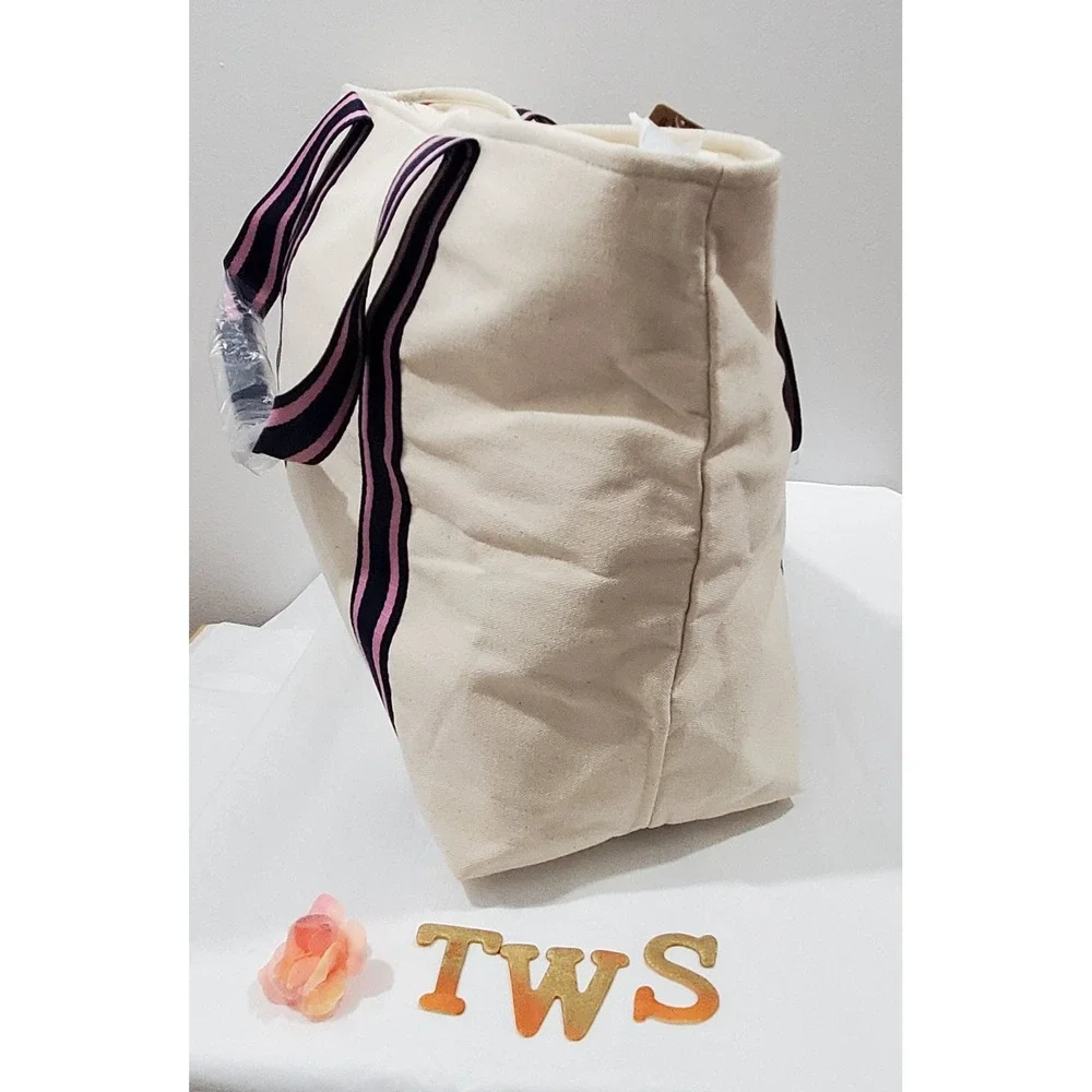 Victoria's Secret PINK Canvas Tote Bag Cream Beige Navy Pink Striped Zip Top NEW